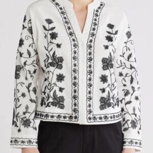 NWT LIV LOS ANGELES White Black Linen Blend Floral Embroidered Button-Up Shirt